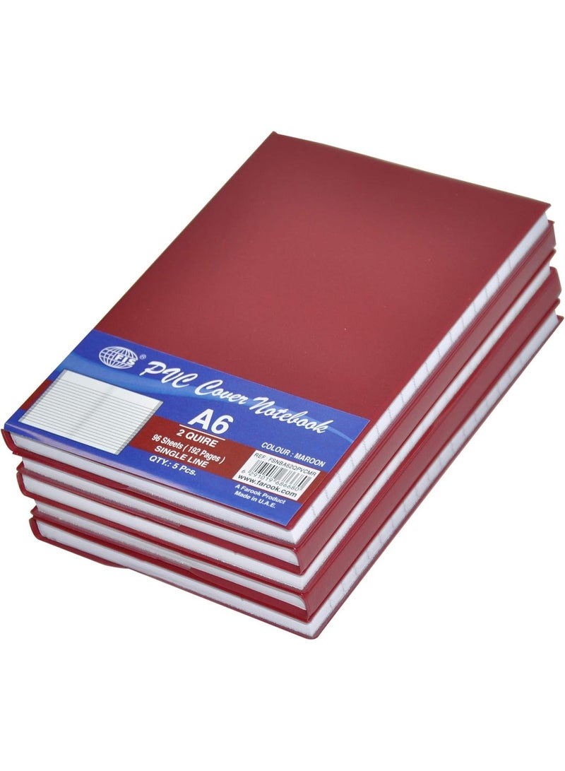 FIS PVC Cover Notebook, 96 Sheets, 192 Pages, A6 Size, Single Line, Maroon - FSNBA62QPVCMR, 5-Pieces - Image 1